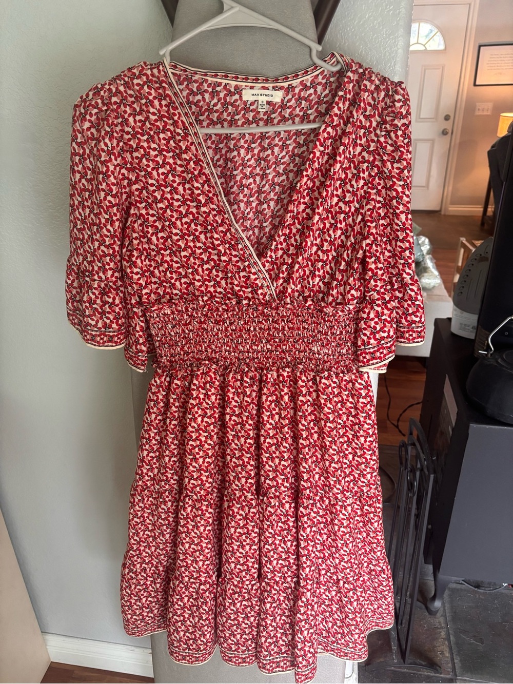 Max Studio Red Floral Wrap-Style Smocked Mini Dress